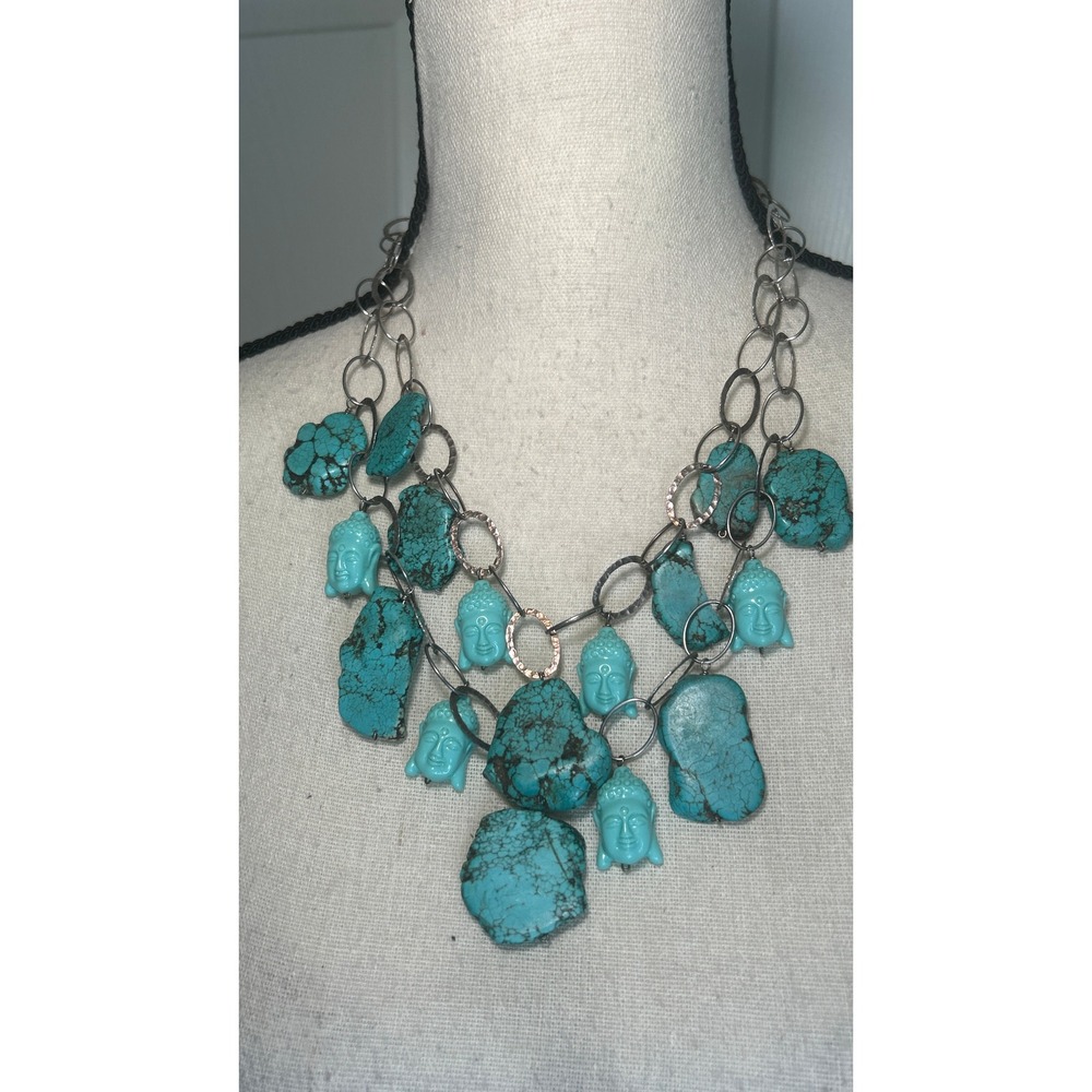 Turquoise Buddha Statement Necklace Boho Artisan Chunky Nugget Bead Silver